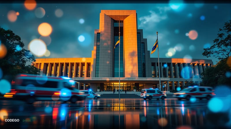 A dramatic cinematic editorial photograph taken from a low angle looking up at the Brazilian Federal Police headquarters in B