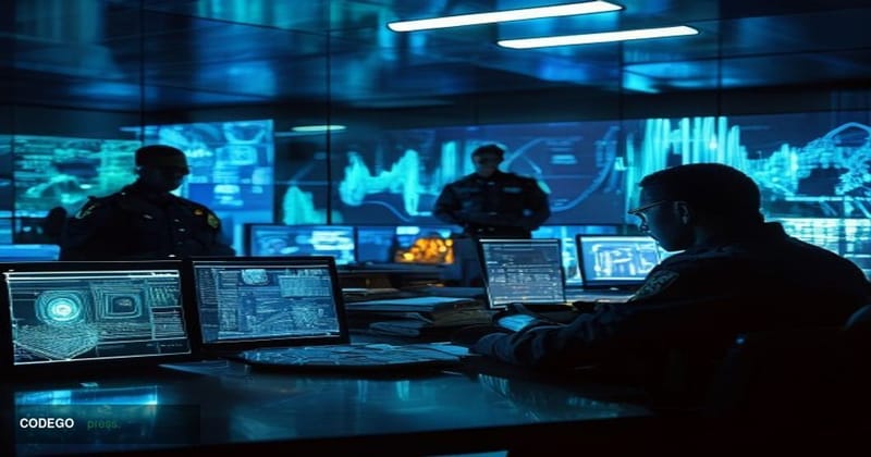 A dramatic cinematic editorial photograph set in a Brazilian federal police operations center at night, with large digital sc