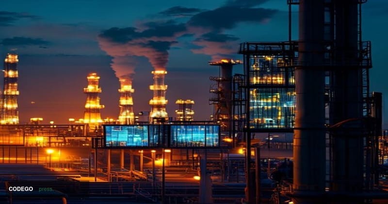 A cinematic editorial photograph shot at ground level on a busy Middle Eastern oil refinery complex at dusk, with towering fl