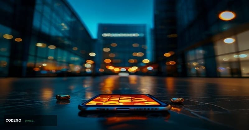 A cinematic editorial photograph set in a sleek San Francisco tech corridor at night, with the Coinbase headquarters building