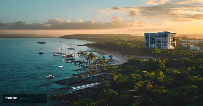 A cinematic aerial editorial photograph of the British Virgin Islands coastline at golden hour, with Road Town's modest harbo