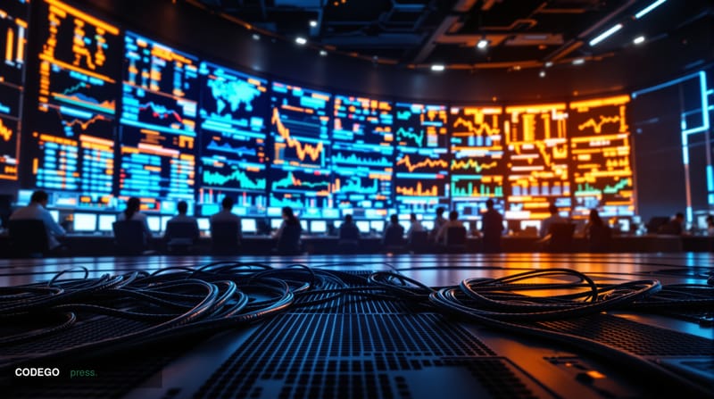 A cinematic editorial photograph of a high-end institutional brokerage trading floor in 2026, viewed from a low-angle wide sh