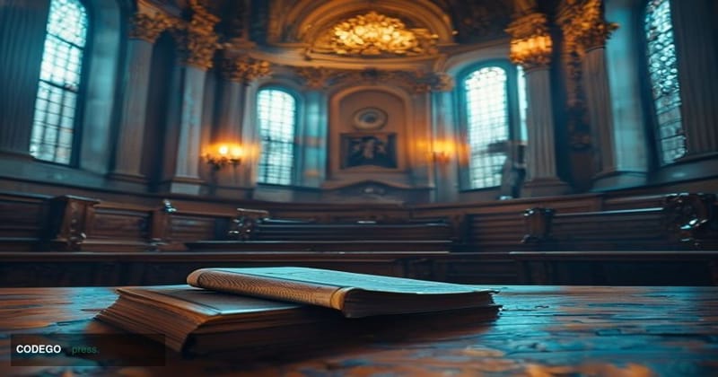 A dramatic photorealistic editorial photograph set inside a grand French Palais de Justice courtroom, with ornate gilded wood