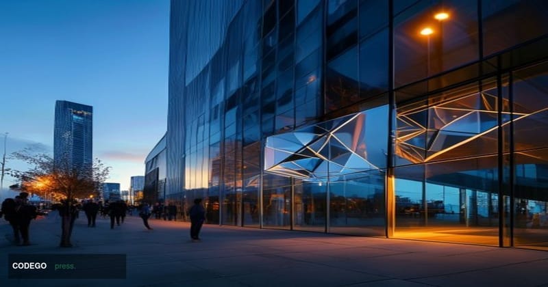 A cinematic editorial photograph set at dusk outside a recognizable tech-forward building in San Francisco's South of Market 