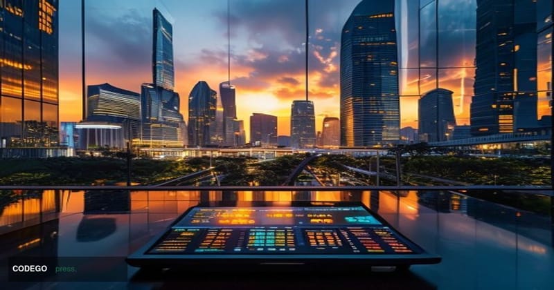 # Image Prompt: Bybit Indonesia OJK Regulatory Entry

A modern Southeast Asian financial district skyline at golden hour, fea