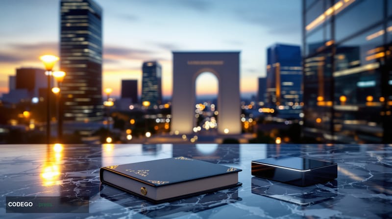 A dramatic cinematic editorial photograph set in Paris's La Défense financial district at dusk, with the iconic Grande Arche 