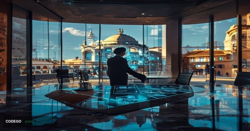 A cinematic editorial photograph set inside a sleek, modern European banking headquarters interior — unmistakably Spanish in 