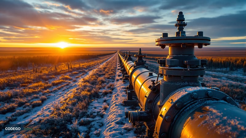 A cinematic editorial photograph of a vast Canadian oil pipeline stretching across a rugged Alberta prairie landscape at gold