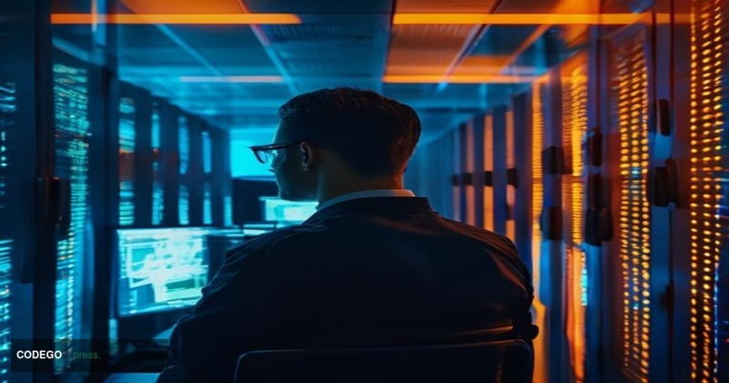 A dramatic cinematic editorial photograph set inside a high-security financial technology operations center, with deep blue a
