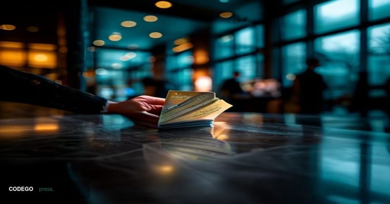 A cinematic editorial photograph shot inside a sleek American bank branch, with a shallow depth of field focusing on a hand h