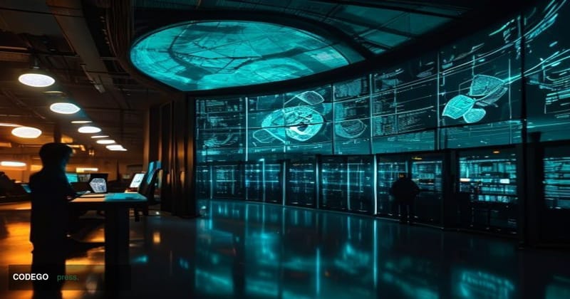 A cinematic editorial photograph set inside a sleek, dimly lit blockchain technology operations center, dominated by large cu