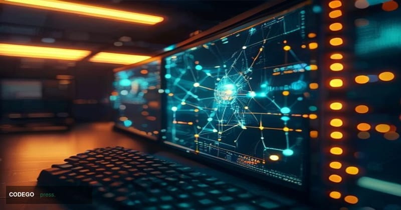 A photorealistic cinematic editorial photograph of a glowing blockchain node network visualization displayed on large curved 