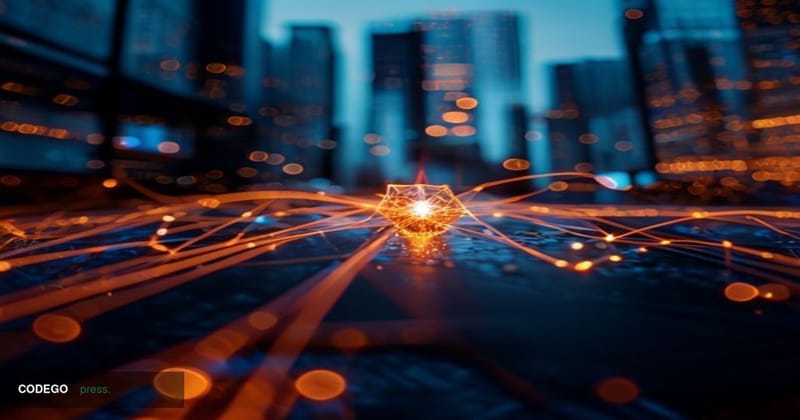 A cinematic editorial photograph centered on a dramatic close-up of a glowing digital node network rendered as luminous amber