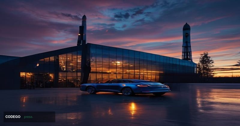 A cinematic editorial photograph set at dusk outside a gleaming Tesla Gigafactory facility, its angular steel-and-glass facad