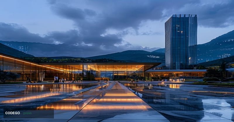 A cinematic editorial photograph of the CATL (Contemporary Amperex Technology Co. Limited) headquarters in Ningde, Fujian, Ch