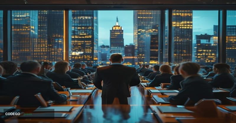 A dramatic editorial photograph set inside a prestigious banking education seminar room, shot from a low angle looking toward
