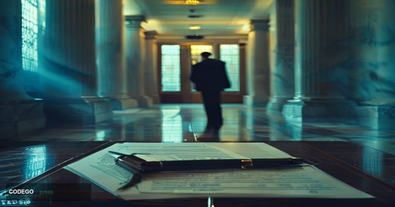 A dramatic cinematic editorial photograph set inside a federal courthouse corridor in Washington D.C., with marble columns an