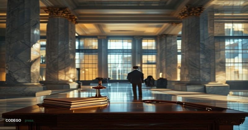 A photorealistic editorial photograph set inside a formal federal courthouse corridor in Washington D.C., with marble columns