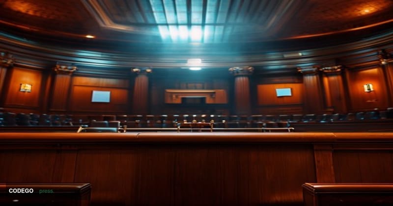 A photorealistic cinematic editorial photograph set inside a formal United States Senate hearing room, captured from a low wi