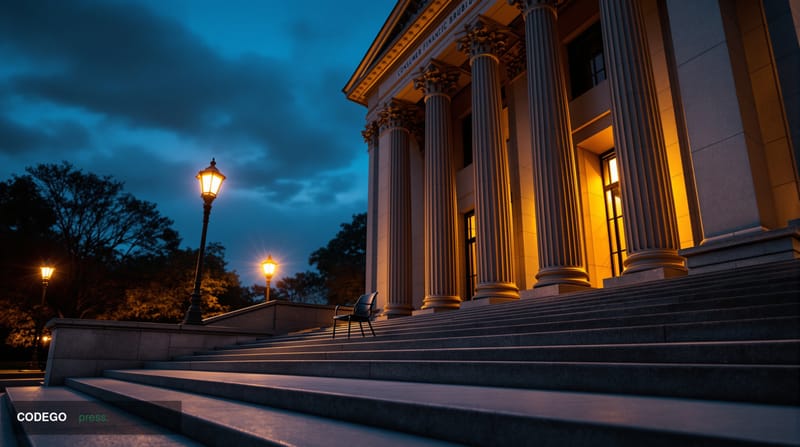 A photorealistic cinematic editorial photograph of the exterior of the Consumer Financial Protection Bureau headquarters buil