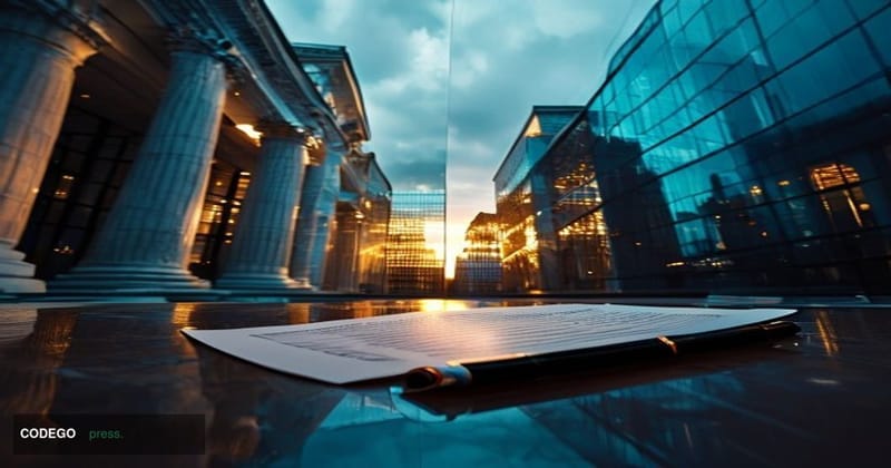 # Image Prompt:

A dramatic split-composition shot of a modern federal courthouse facade on the left side, bathed in cool blu