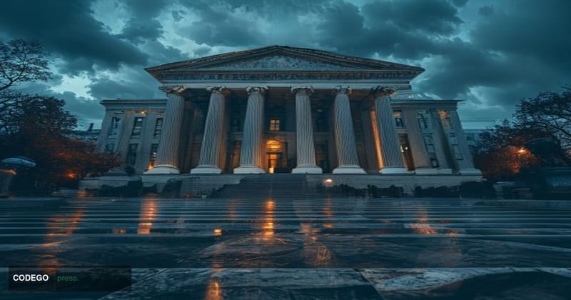 A dramatic wide-angle shot of the CFTC headquarters building in Washington D.C., photographed from street level looking upwar