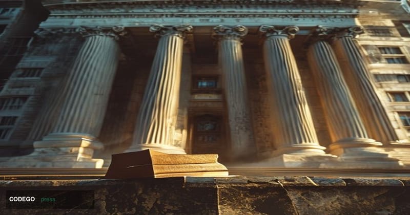 A cinematic editorial photograph taken at a low angle looking up at the imposing stone facade of a federal courthouse in Char