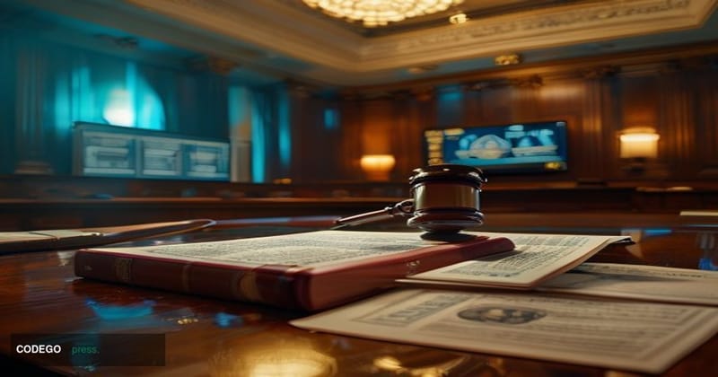 A photorealistic editorial photograph set inside a formal federal regulatory hearing room in Washington D.C., cinematic chiar