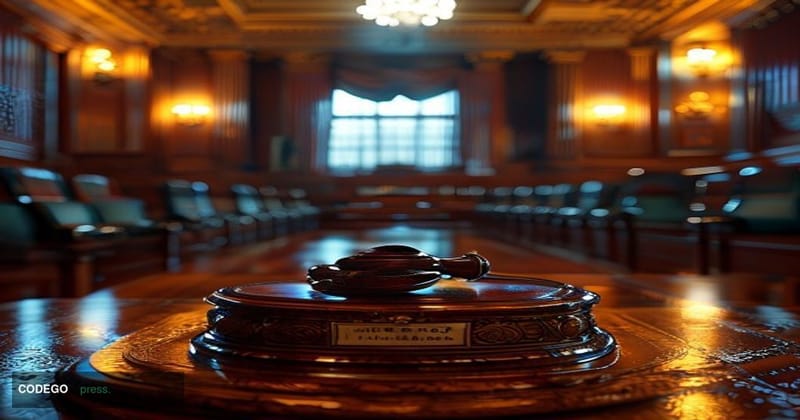 A photorealistic editorial photograph set inside a grand Washington D.C. federal government hearing room, modeled after the C