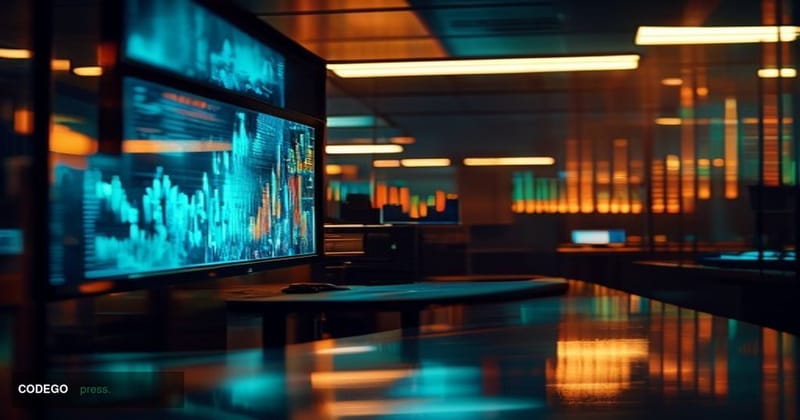 A dramatic cinematic editorial photograph set inside a dimly lit government operations room or broadcast control booth, with 