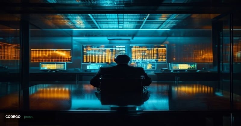 A cinematic editorial photograph taken inside a dimly lit, high-security government operations room, with a teleprompter scre