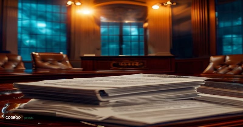 A dramatic close-up editorial photograph set inside a formal federal regulatory hearing room in Washington D.C., with a polis