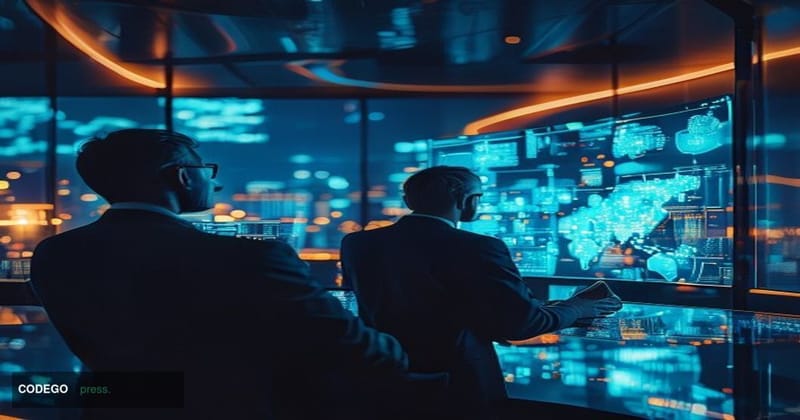 A cinematic editorial photograph of a sleek financial technology operations center at night, with large curved monitors displ