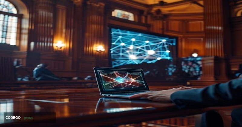 A cinematic editorial courtroom scene set in a formal US federal courthouse interior, featuring a large digital display scree