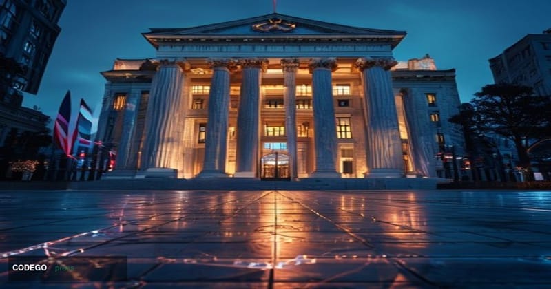 A photorealistic editorial photograph depicting a grand neoclassical central bank building exterior at dusk, its stone facade