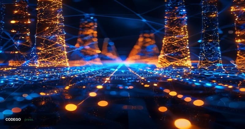 A cinematic editorial photograph of a futuristic financial infrastructure environment, shot from a low angle looking upward a
