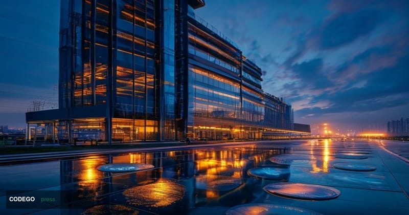 A cinematic photorealistic editorial photograph of a towering modern semiconductor fabrication facility at dusk in Hefei, Chi