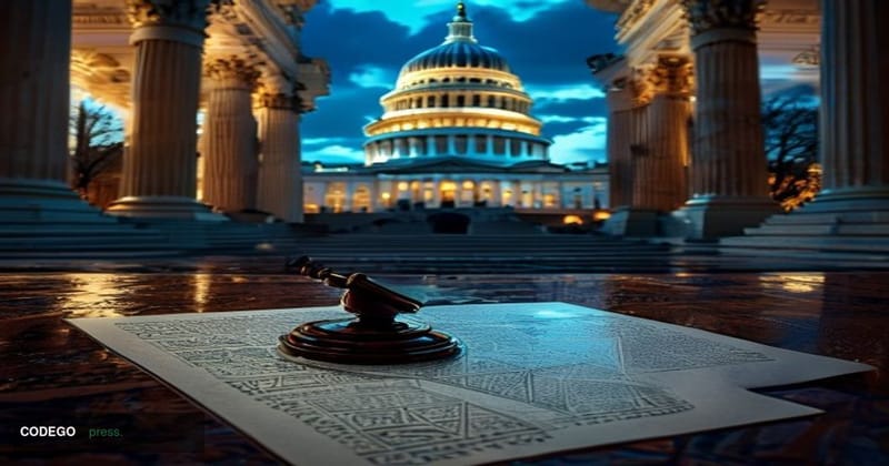 A cinematic editorial photograph of the United States Capitol building in Washington D.C. at dusk, shot from a low angle to e