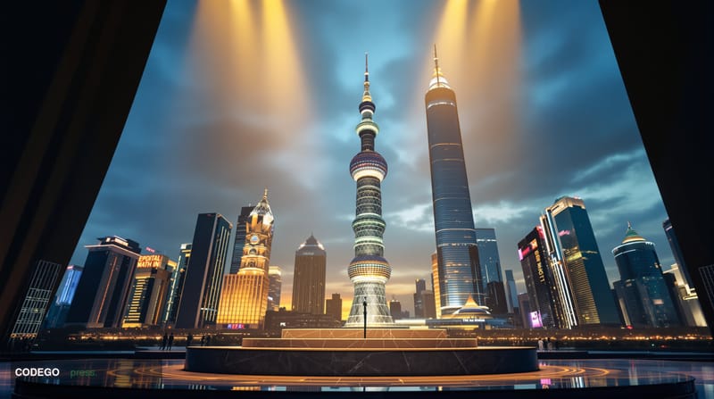 A cinematic editorial photograph taken at ground level looking up at the iconic three-tower Lujiazui financial district skyli
