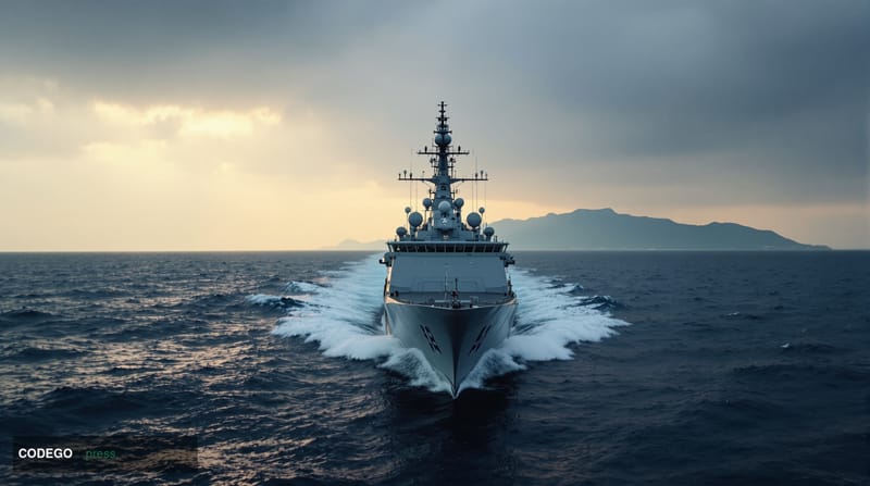 A cinematic editorial photograph taken from a low drone angle over open Pacific waters east of Taiwan, with a Chinese coast g