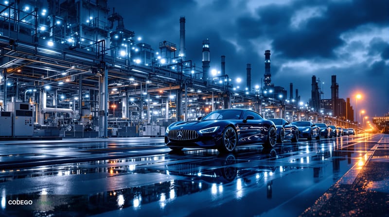 A cinematic editorial photograph taken at dusk from a low angle looking up at a modern German automotive assembly plant, with