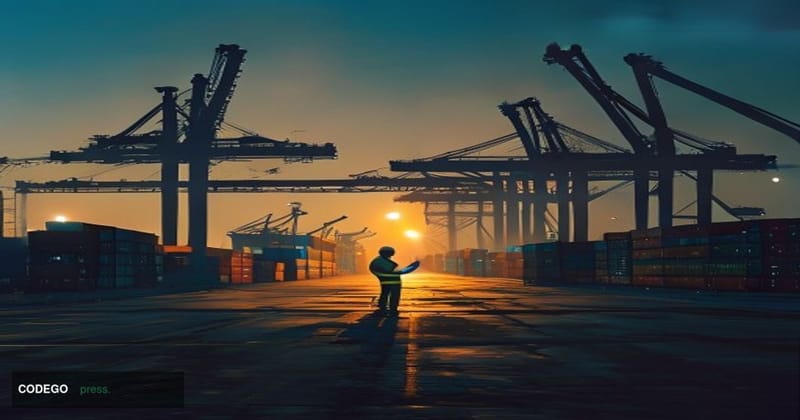 A cinematic editorial photograph of a vast Chinese industrial port at dusk, with massive container cranes silhouetted against