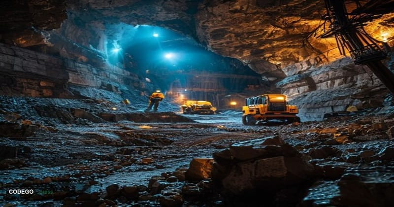 A dramatic cinematic editorial photograph set deep inside a Chinese gold mine, with a massive subterranean cavern illuminated