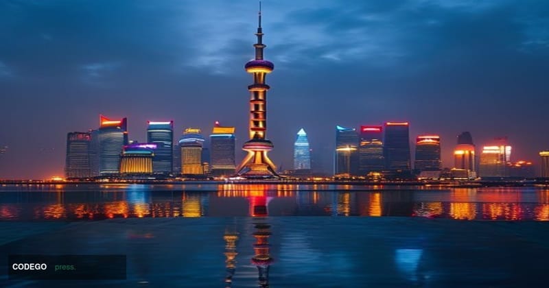 Cinematic editorial photograph of the Lujiazui financial district skyline in Shanghai, China, captured at dusk from a low-ang