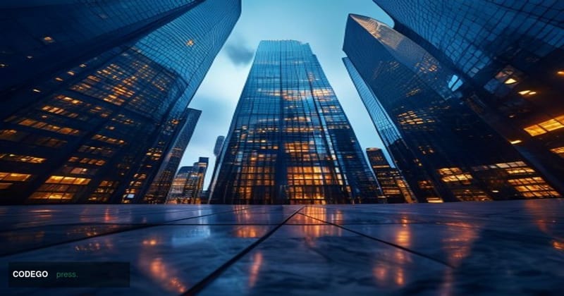 A cinematic editorial photograph of the Lujiazui financial district in Shanghai at dusk, shot from a low angle looking upward