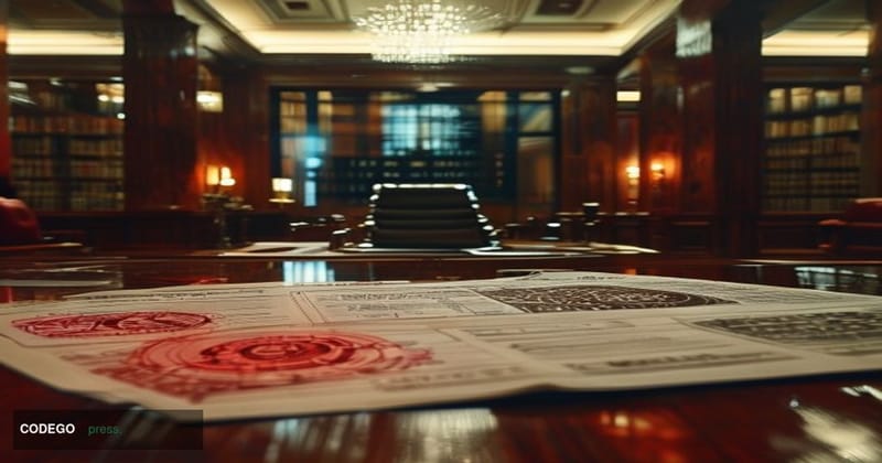A dramatic cinematic editorial photograph set in a formal Chinese government legal institution — a grand marble-floored prose