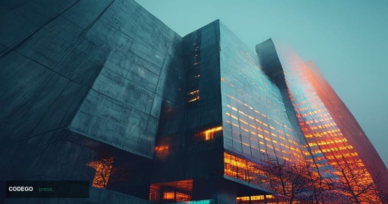 A photorealistic editorial photograph shot from a low angle looking up at a monumental Chinese government technology regulato
