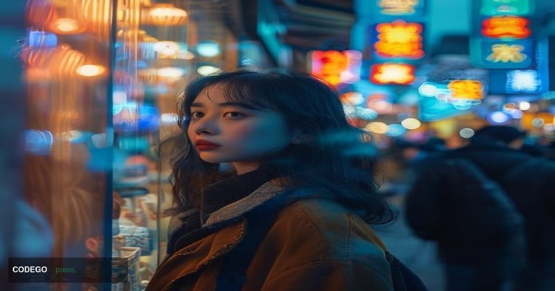 A cinematic editorial photograph set in a bustling Chinese urban shopping district — likely a recognizable neon-lit commercia