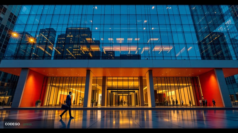 A cinematic editorial photograph of a grand Chinese bank headquarters building at dusk, its glass and concrete facade casting