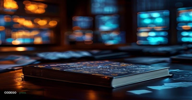 A cinematic editorial photograph of a hardcover book titled "Diary of a Ponzi Scheme" resting on a sleek dark mahogany desk i